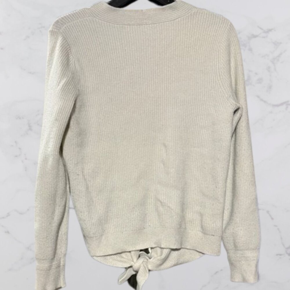 Anthropologie Moth Sweater Size M Ribbed Knit Ivory V Neck Tie Front Pullover - Picture 2 of 4